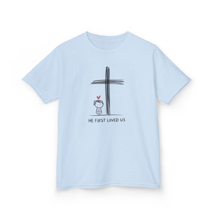 He First Loved Us Kids Tee for boys, front view showing 1 John 4:19 design, light blue