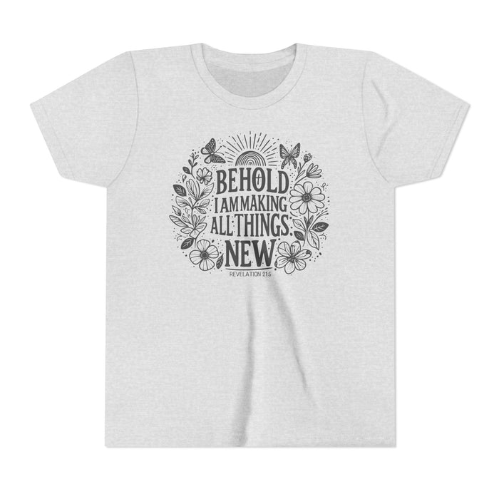 Behold Kids Premium Tee, front view showing Revelation 21:5 design, ash grey