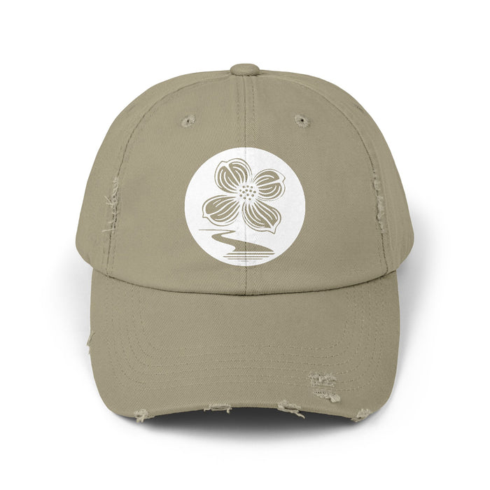 Dogwood Lane Hat in Light Olive, distressed cap featuring dogwood flower logo