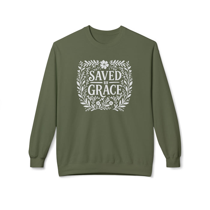 Saved by Grace Chalk Sweatshirt in military green, front view showing floral design