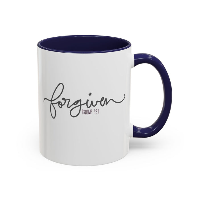 Forgiven Accent Mug with navy handle and interior, featuring Psalm 32:1 handwritten design