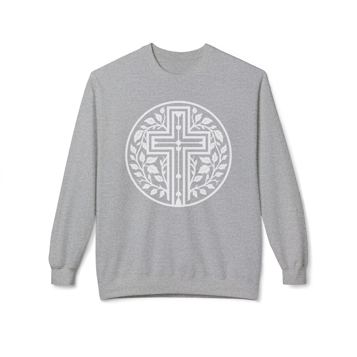 Ivy Cross Sweatshirt, sport grey, front view showing John 15:5 vine and cross design