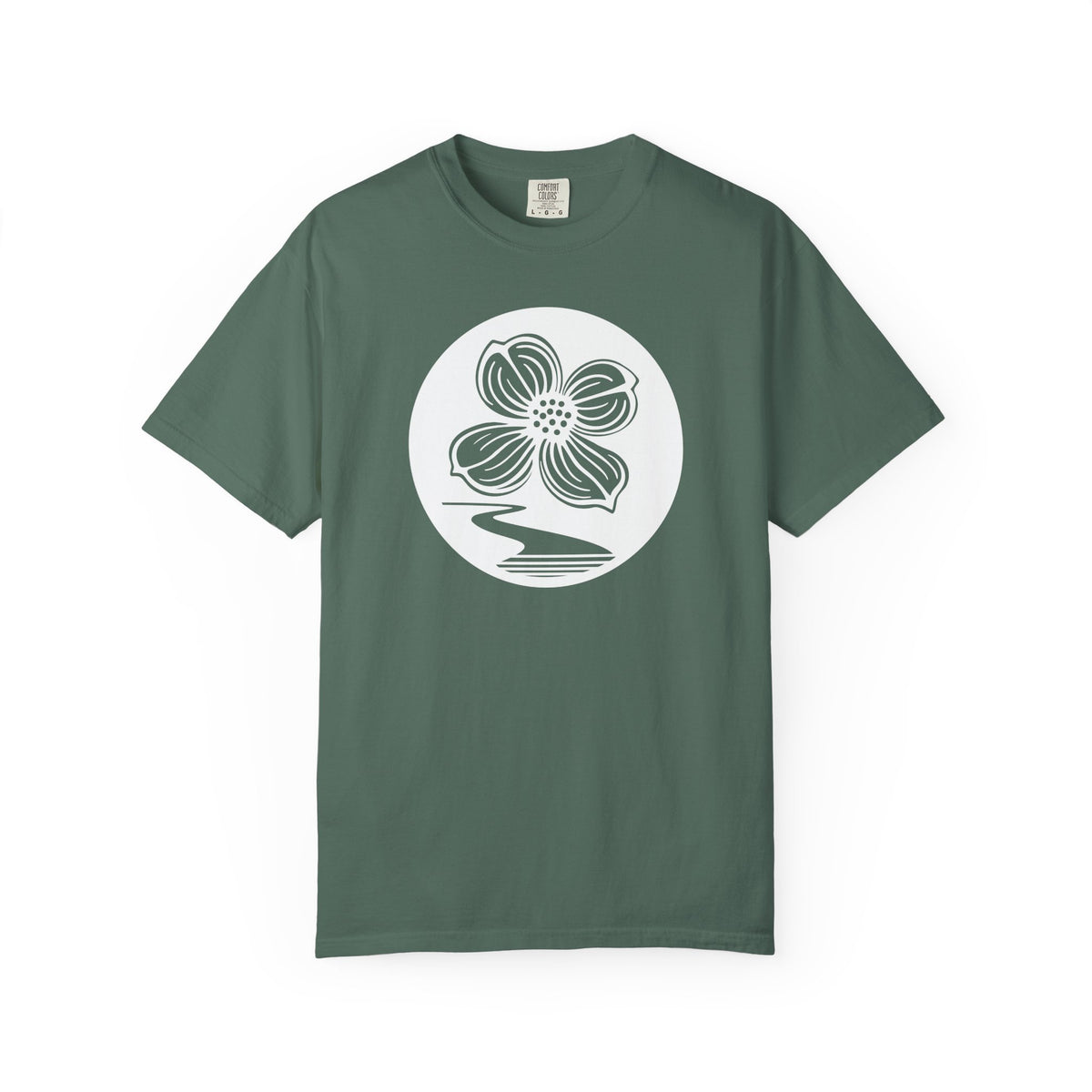 Dogwood Lane Premium Tee, front view showing dogwood flower logo, blue spruce