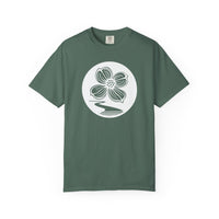 Dogwood Lane Premium Tee, front view showing dogwood flower logo, blue spruce
