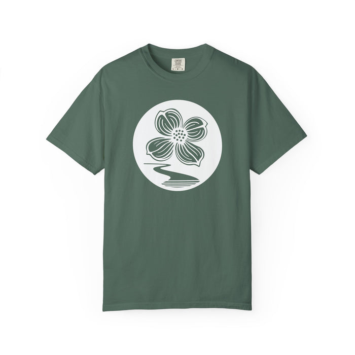 Dogwood Lane Premium Tee, front view showing dogwood flower logo, blue spruce