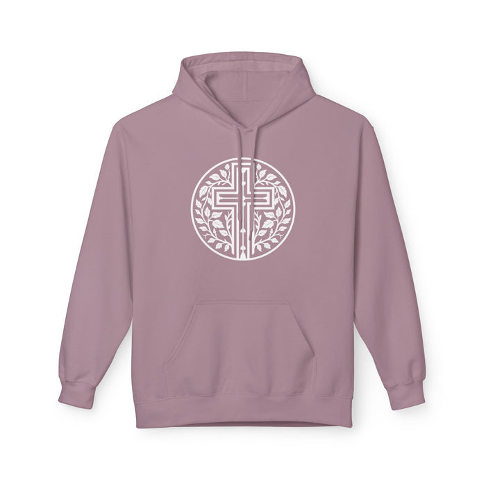 Ivy Cross Hoodie, paragon, front view showing John 15:5 vine and cross design