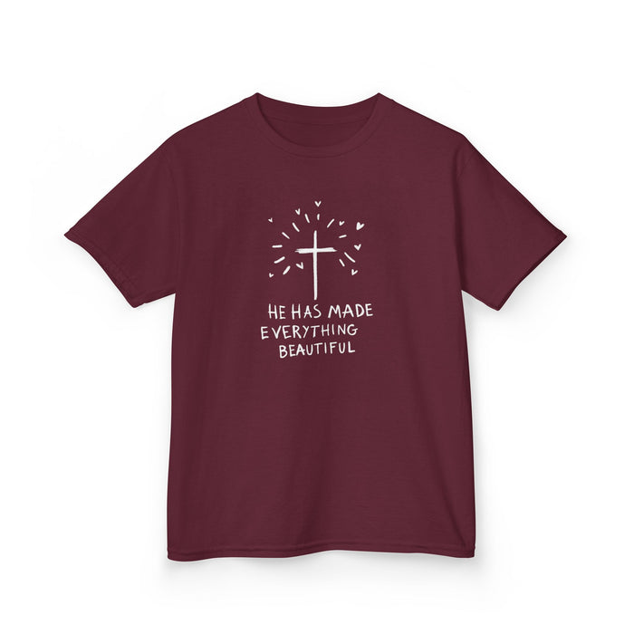 He Has Made Everything Beautiful Doodle Kids Tee, front view showing Ecclesiastes 3:11 design, maroon
