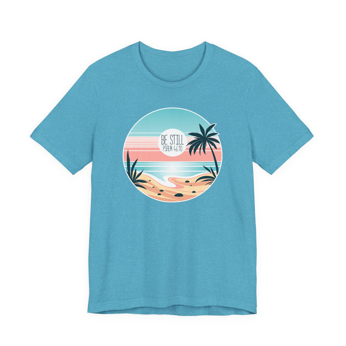 Be Still Tee, front view, heather aqua