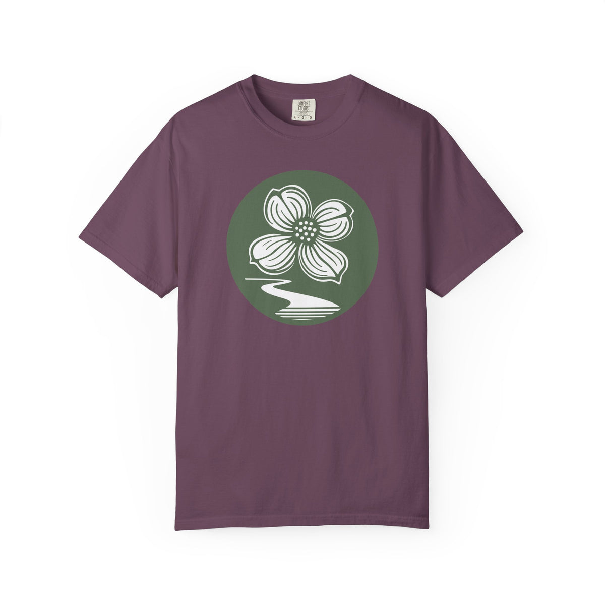 Dogwood Lane Premium Tee, berry, front view showing dogwood flower logo