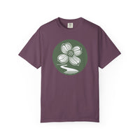 Dogwood Lane Premium Tee, berry, front view showing dogwood flower logo
