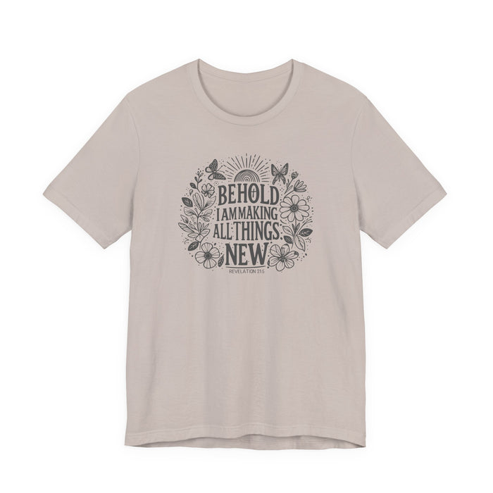 Behold Tee, front view showing Revelation 21:5 botanical design, heather cool grey
