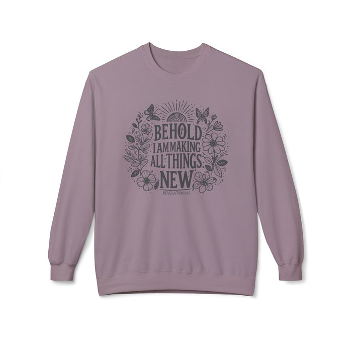 Behold Sweatshirt, front view showing floral Revelation 21:5 design, paragon