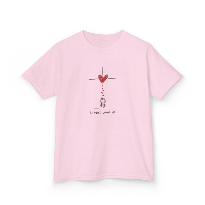 He First Loved Us Kids Tee for girls, front view showing 1 John 4:19 design, light pink