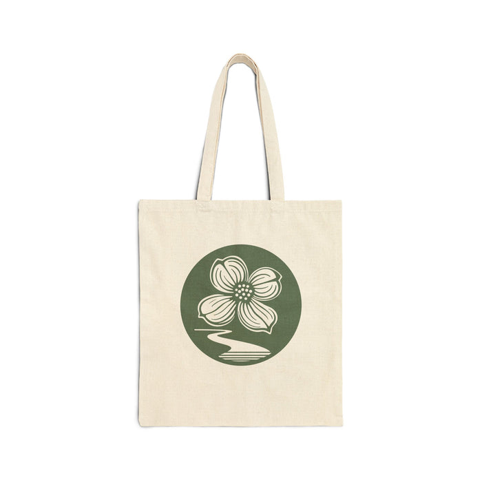 Dogwood Lane Tote Bag, natural canvas tote featuring dogwood flower logo