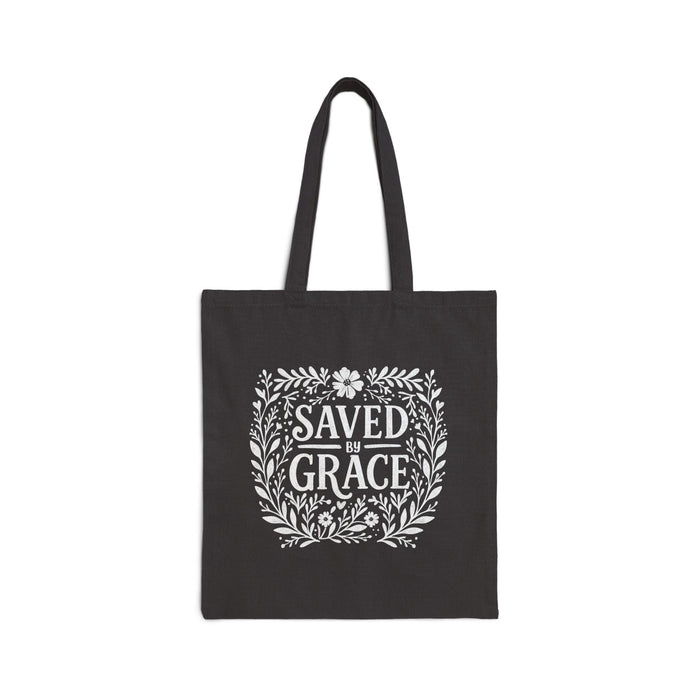 Saved by Grace Chalk Tote Bag in black, featuring floral and Ephesians 2:8 design