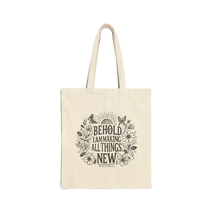 Behold Tote Bag in natural canvas, featuring floral and butterfly Revelation 21:5 design