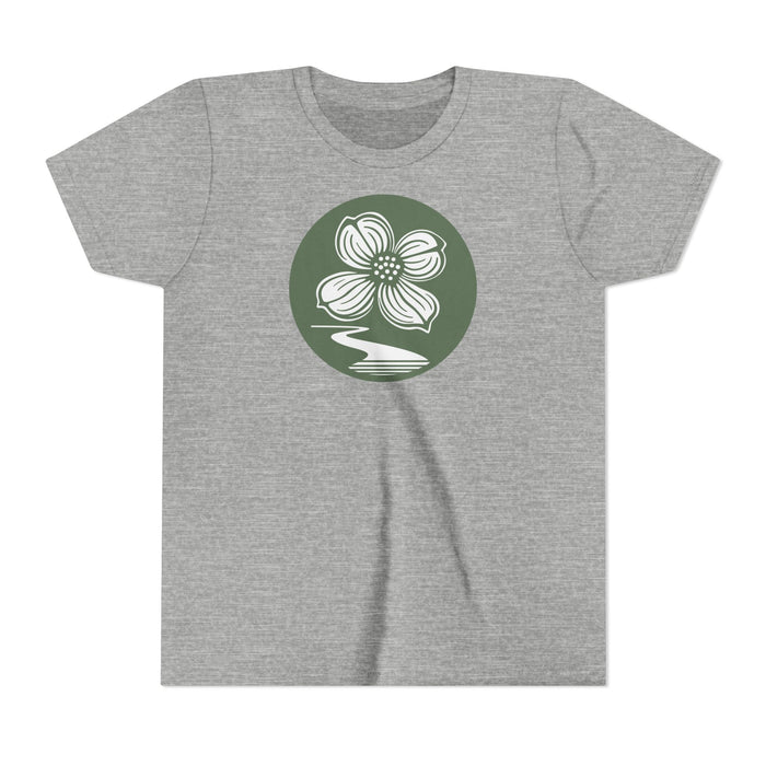 Dogwood Lane Kids Premium Tee, front view showing dogwood flower logo, athletic heather