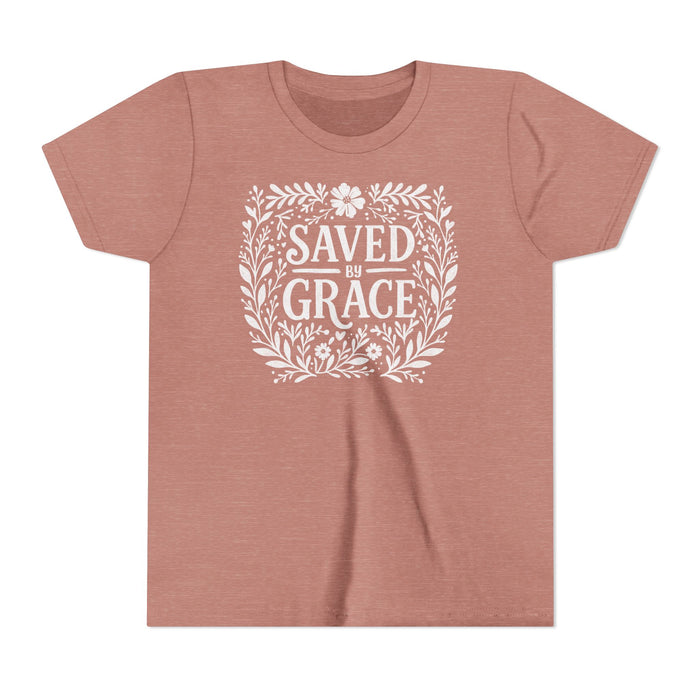 Saved by Grace Chalk Kids Premium Tee in heather mauve, front view