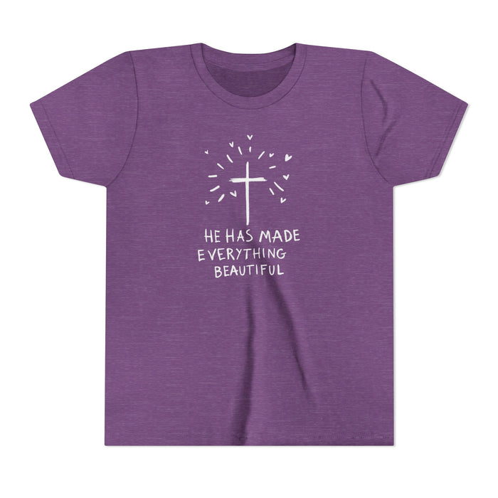 He Has Made Everything Beautiful Doodle Kids Premium Tee, heather team purple, front view