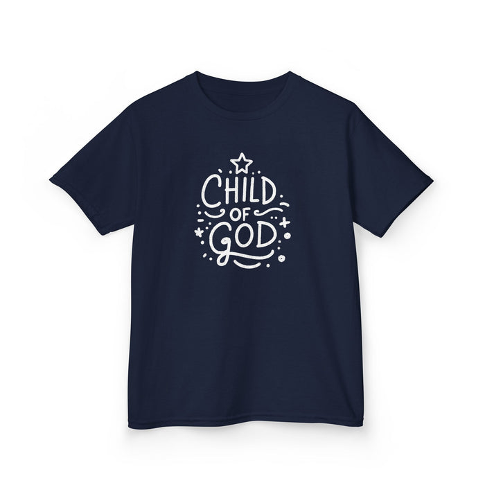 Child of God Chalkboard Kids Tee, front view showing chalkboard design, navy