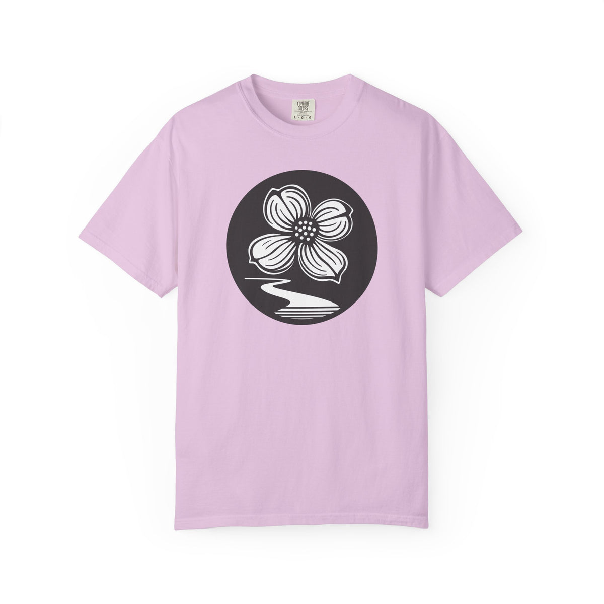 Dogwood Lane Premium Tee, orchid, front view showing dogwood flower logo