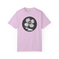 Dogwood Lane Premium Tee, orchid, front view showing dogwood flower logo