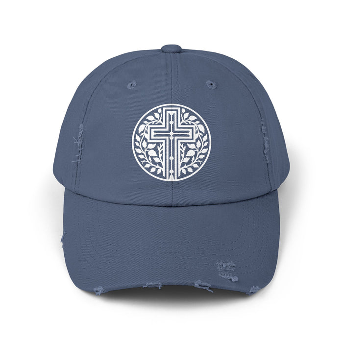 Ivy Cross Hat, Scotland Blue, distressed cap featuring John 15:5 vine and cross design