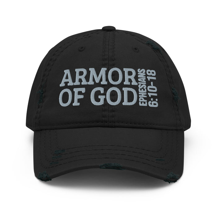 Armor of God Hat in black, front view showing embroidered Ephesians 6:10-18 design