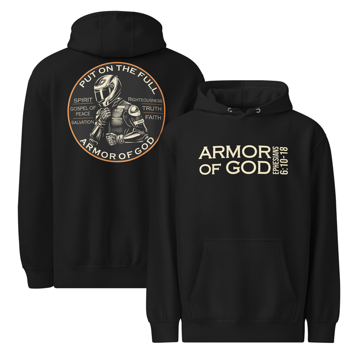 Armor of God Hoodie in black, front and back view showing Ephesians 6 rider design