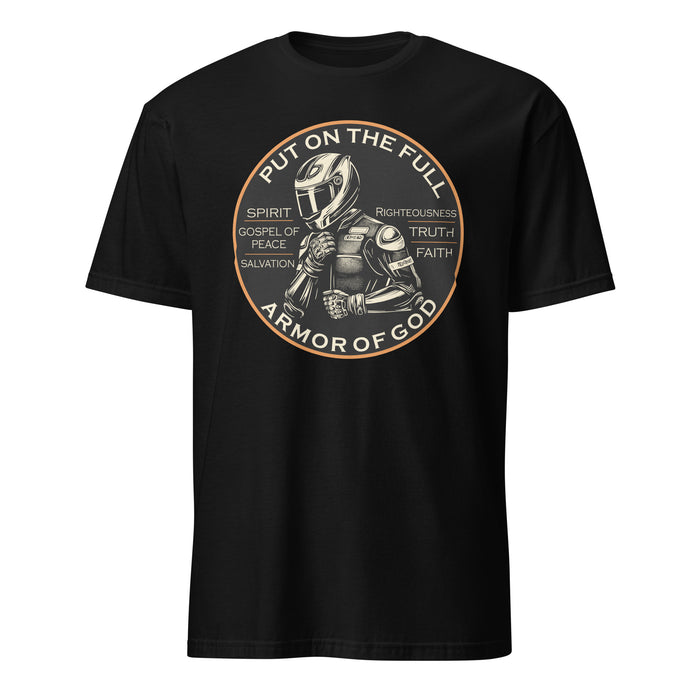 Armor of God Tee in black, front view showing motorcycle warrior Ephesians 6 design
