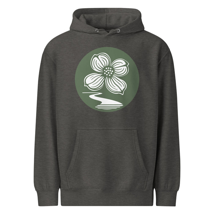 Dogwood Lane Hoodie in charcoal heather, front view showing dogwood flower logo