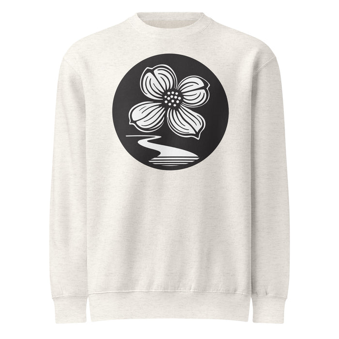 Dogwood Lane Sweatshirt in oatmeal heather, front view showing dogwood flower logo