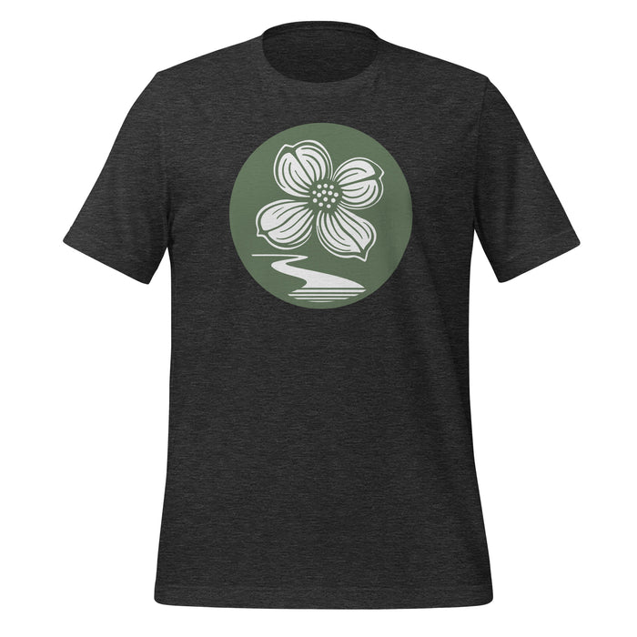 Dogwood Lane Tee in dark grey heather, front view showing dogwood flower logo