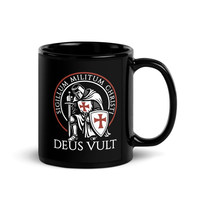 Deus Vult Mug featuring Crusader knight emblem on white ceramic