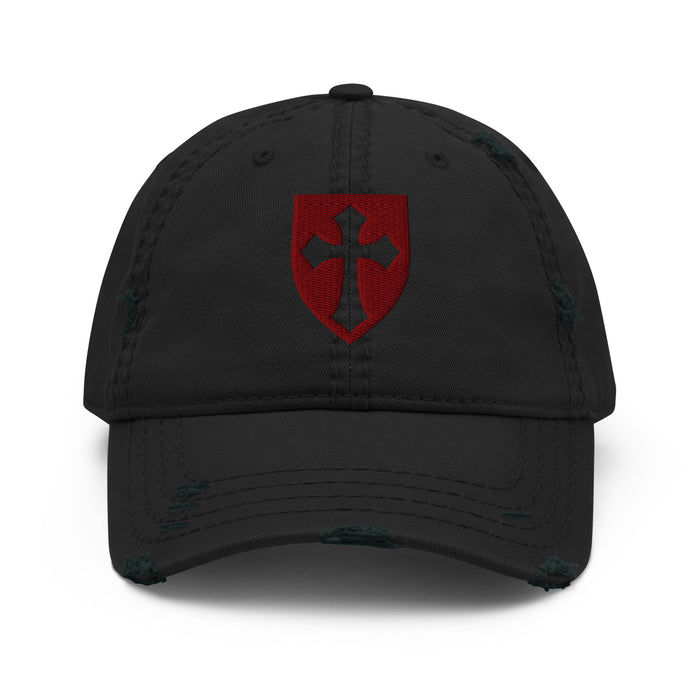 God's Shield Hat in black, front view showing shield and cross emblem