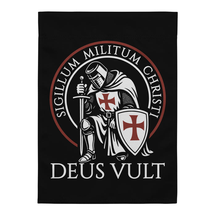 Deus Vult Garden Flag featuring Crusader knight insignia and Latin Sigillum Militum Christi design, 12x17 inches