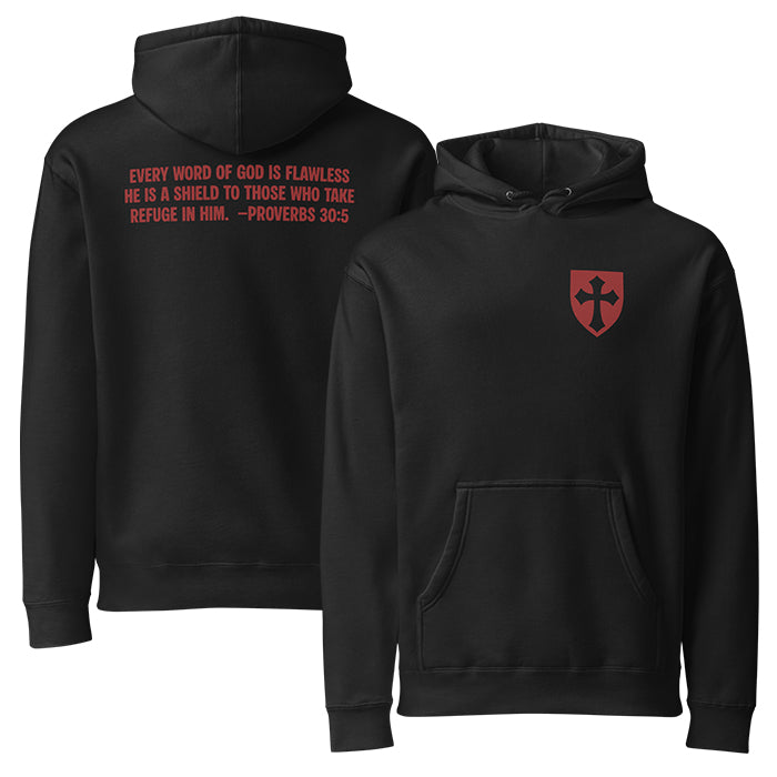 God's Shield Premium Hoodie, front and back view, black