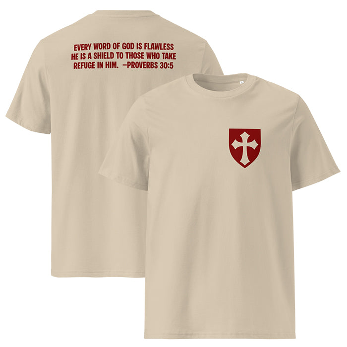 God's Shield Premium Tee, front and back view showing shield design, desert dust