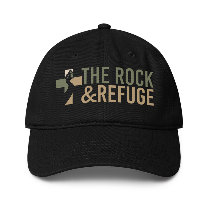 The Rock and Refuge Hat in black, front view showing Psalm 18 shield and cross design