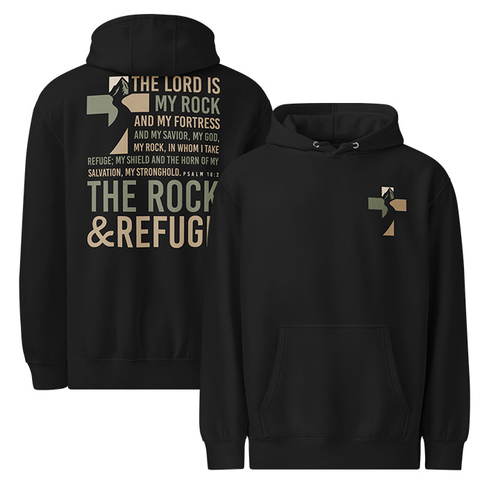 The Rock and Refuge Hoodie, black, front and back view