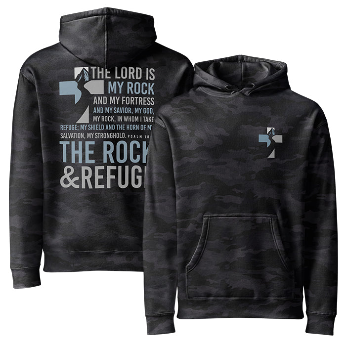 The Rock and Refuge Premium Hoodie, black camo, front and back view