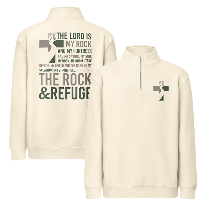 The Rock and Refuge Zip Sweatshirt, front and back view showing Psalm 18 design, sandshell