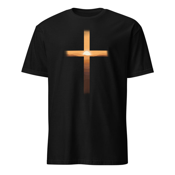 Sunset Cross Tee, front view showing minimalist cross at sunset design, black