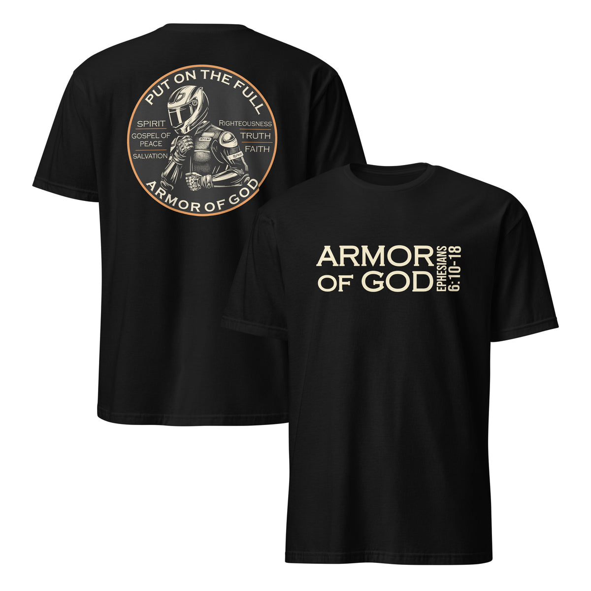 Armor of God Dual Sided Tee in black, front and back view showing Ephesians 6 design