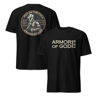 Armor of God Dual Sided Tee in black, front and back view showing Ephesians 6 design