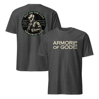 Armor of God Dual Sided Tee in dark heather grey, front and back view showing Ephesians 6 design