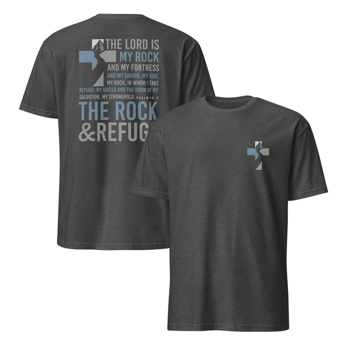 The Rock and Refuge Tee in dark heather, front and back view showing Psalm 18:2 bold typography design