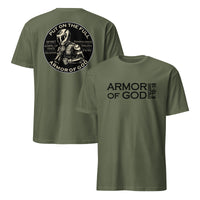 Armor of God Dual Sided Tee in military green, front and back view showing Ephesians 6 design