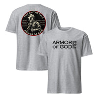 Armor of God Dual Sided Tee in sport grey, front and back view showing Ephesians 6 design