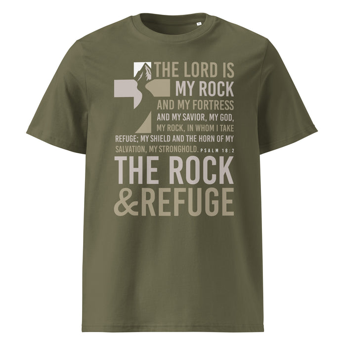 The Rock and Refuge Premium Tee, front view, khaki